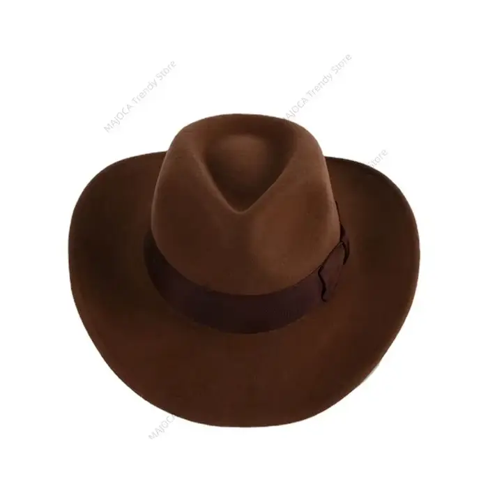 Fedora en feutre de laine marron pour hommes – Chapeau à large bord avec bande de ruban – Chapeaux e