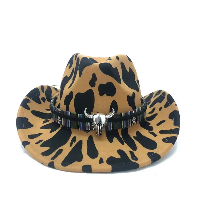 Chapeau de cowboy à motif de vache jazz, chapeau en feutre de chevalier monochrome à bord incurvé po