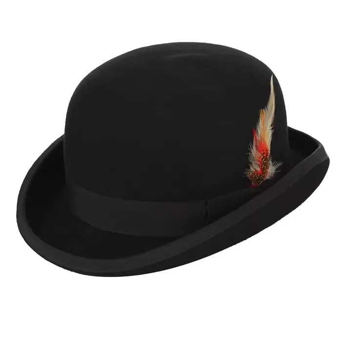 GEMVIE 4 Tailles 100% Noir en Feutre de laine Derby Melon Chapeau Pour Hommes Femmes Plume Doublure 