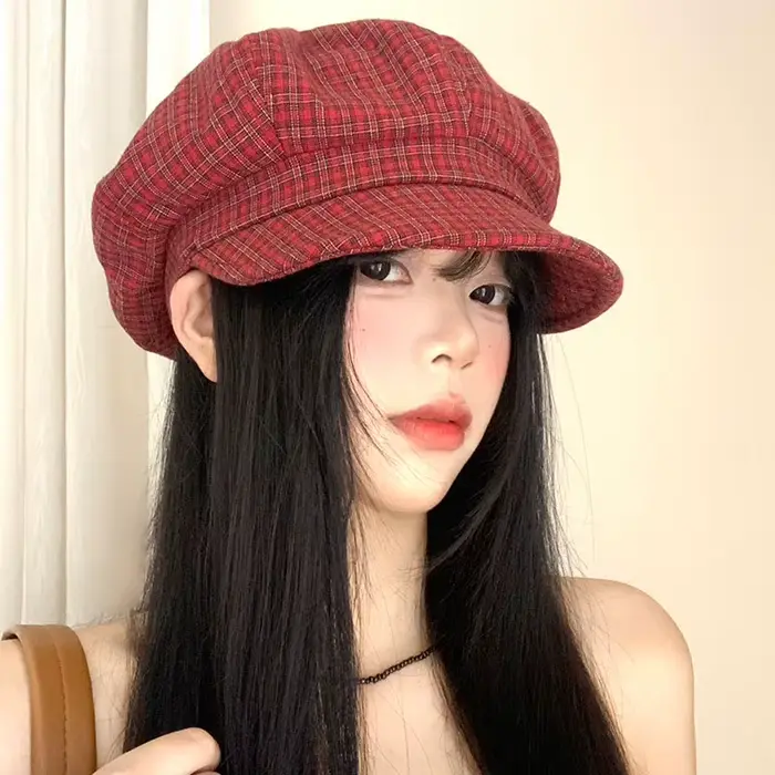 Chapeaux de journal à carreaux rouges rétro pour femmes, petit visage de spectacle, Protection solai