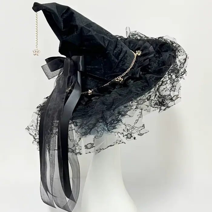 Chapeau de sorcière/magicien gothique sombre Lolita à large bord pour cosplay d'Halloween, modèle ét