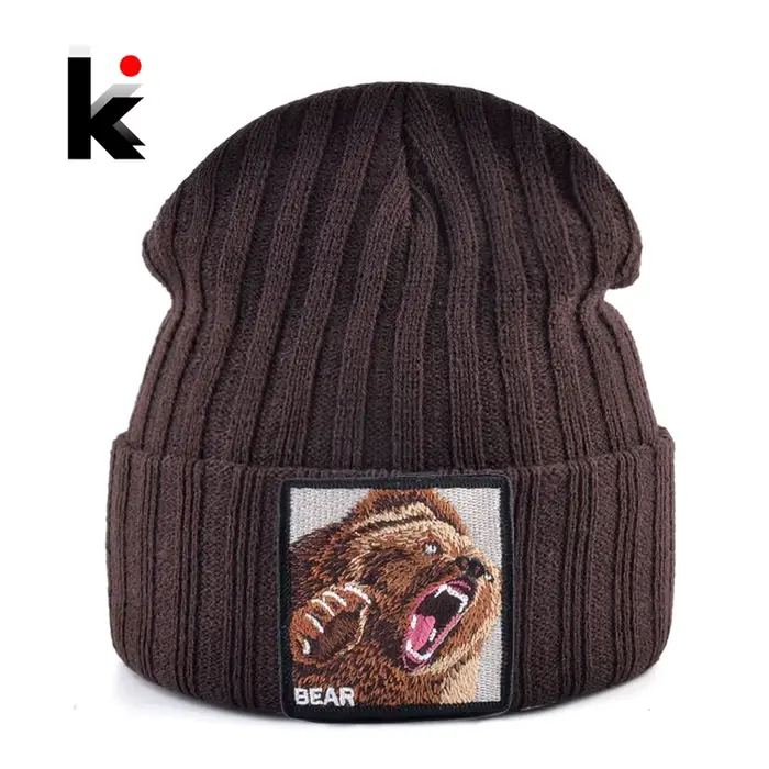 Bonnets tricotés ours brodés pour hommes et femmes