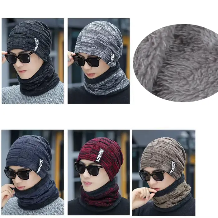 Cache-cou tricoté chapeau écharpe ensemble fourrure laine doublure épais chaud tricot bonnets cagoule