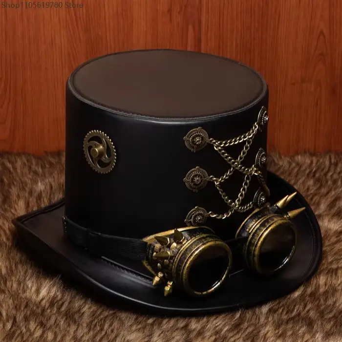 Chapeau haut de forme victorien steampunk 2026 avec lunettes