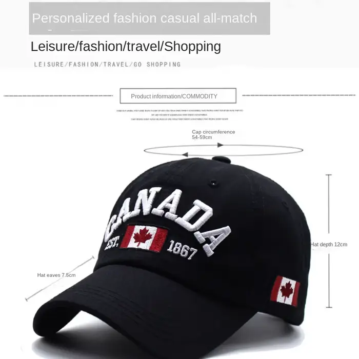 Casquette de baseball "I Love Canada" en coton et polyester avec broderie et impression de drapeau, pour homme, mode hip-hop, occasions estivales et décontractées