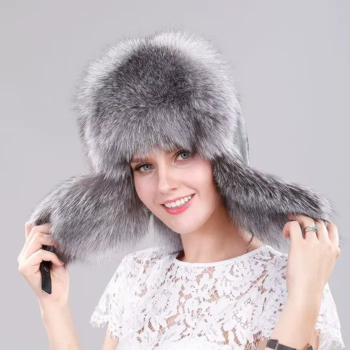 Chapeau de fourrure de renard véritable russe ushanka trapper bonnet avec haut en cuir pour femmes hiver automne occassions spéciales