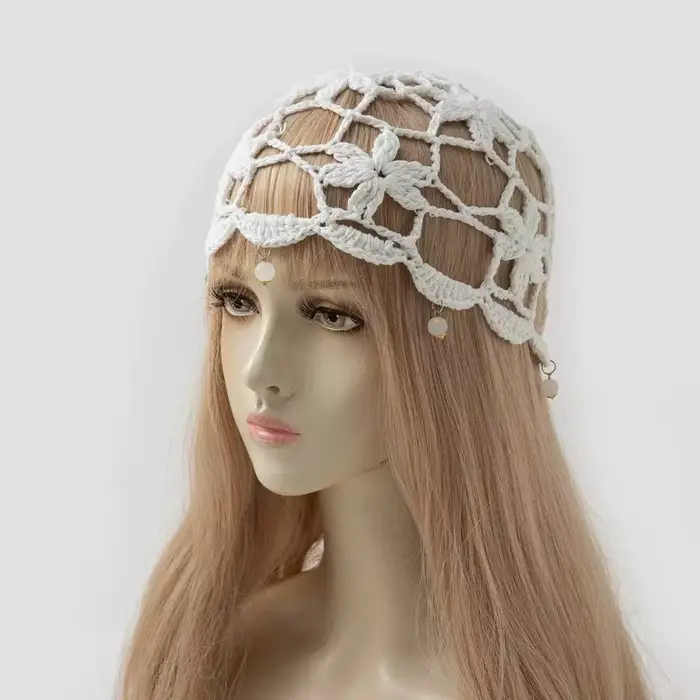 Chapeau tricoté à fleurs au crochet de style bohème, bonnet fin ajouré fait main, accessoires vestim
