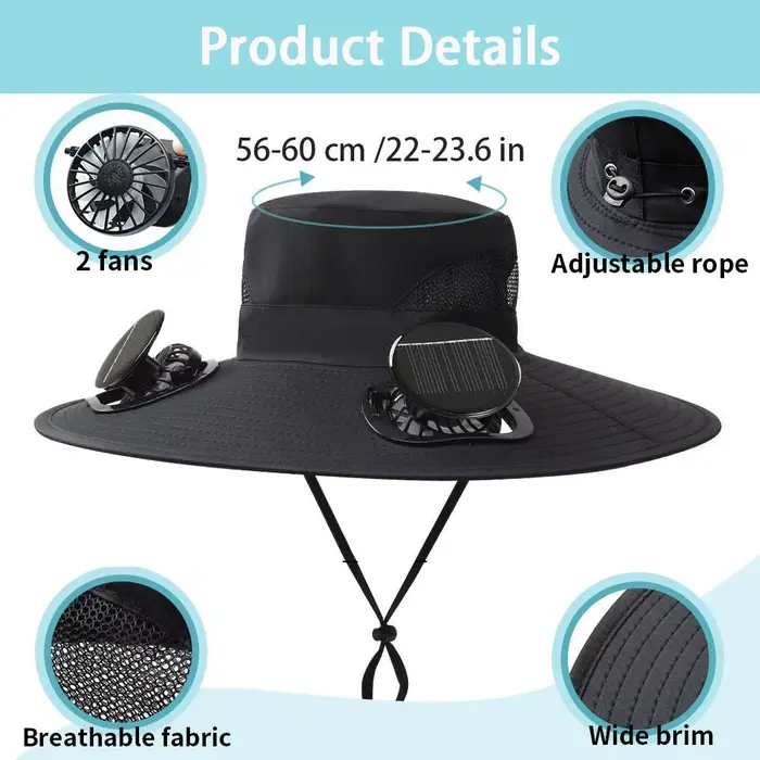 Casquette de baseball solaire à double ventilateur intégré pour hommes, polyester, solide, parfait pour la pêche et la randonnée