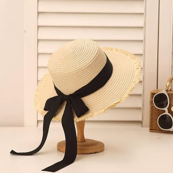 Chapeau de paille à calotte plate style français pour femme