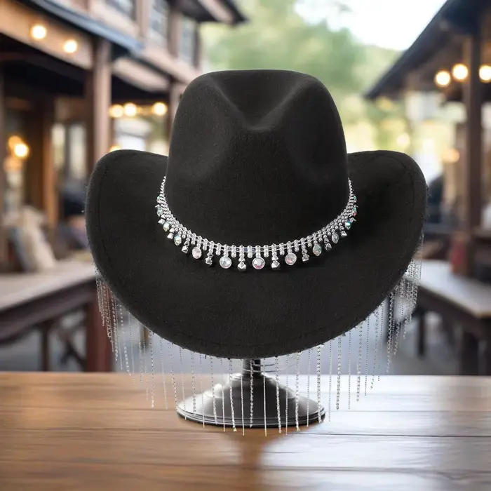 Chapeau de Cowgirl avec pompon en strass pour femmes, chapeau en laine à large bord, casquettes de J