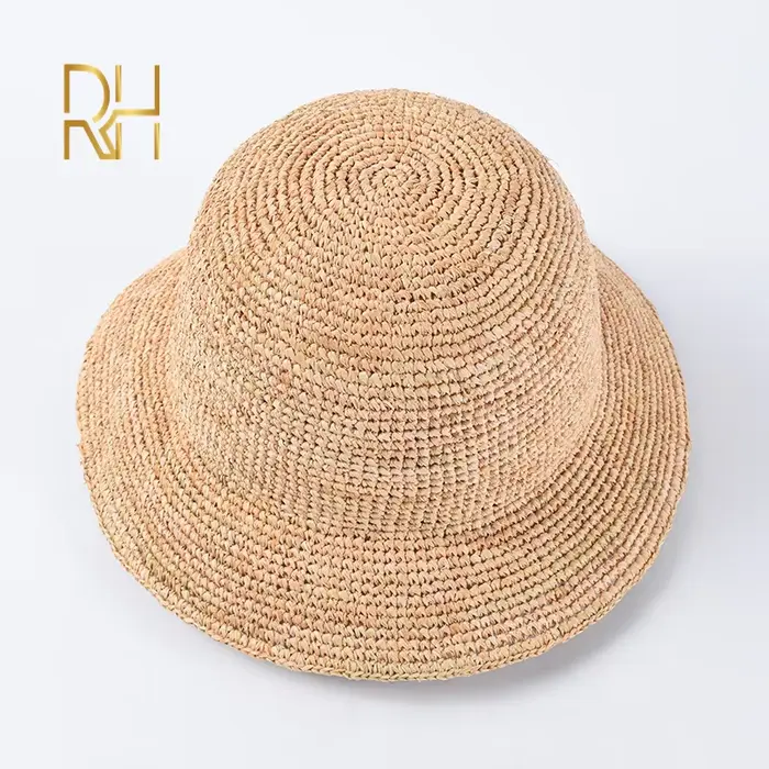 Chapeau seau en paille de raphia naturel au Crochet pour femmes