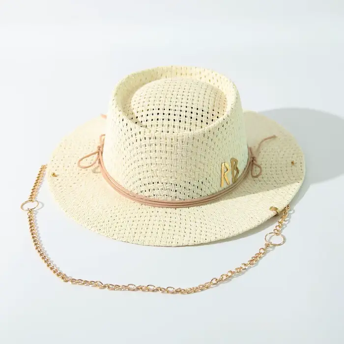 Chapeau de soleil en paille avec chaîne décorative, chapeau respirant tressé ajouré style européen, 