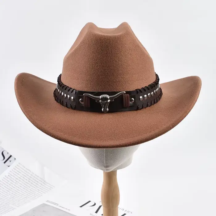 Rétro taureau tête de bœuf Rivet bande de cuir Western Cowboy chapeau unisexe retrousser bord Cowgir