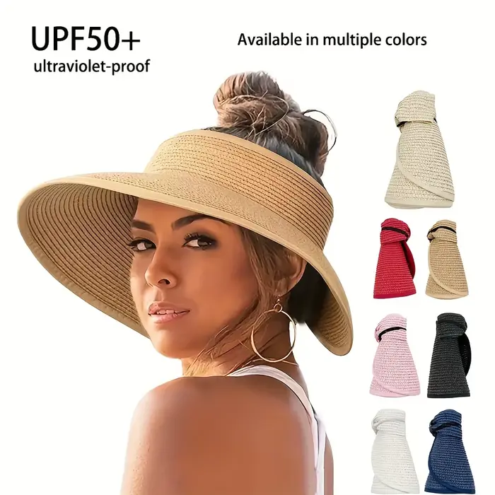 Chapeau à visière d'été pour femmes, casquette de soleil pliable, bord large, chapeau de paille de plage, chapeau sportif multicolore pour femmes occasions estivales