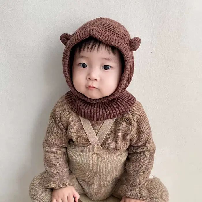 Mignon bébé tricot chapeau écharpe hiver automne chaud enfants bonnet couleur unie dessin animé oreilles enfant en bas âge filles garçons cagoule chapeaux