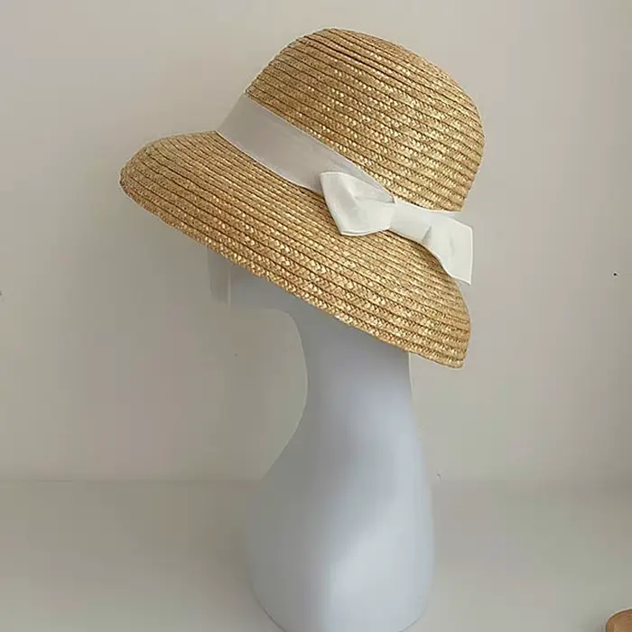 Chapeau de Cloche fait à la main pour femmes, chapeau d'été à large bord naturel, avec nœud en ruban