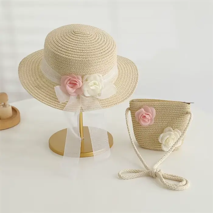 Chapeau de paille 2 pièces costume mignon et sac à bandoulière filles dessin animé ours enfants chap