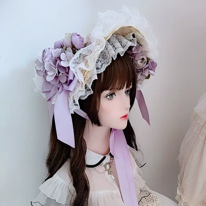 Lolita fleur élégant chapeau plat tissage haut-de-forme fleur mariage thé fête pastorale chapeau de 