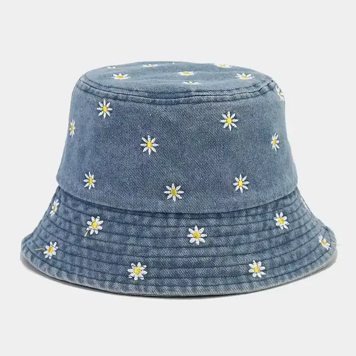 Chapeaux de pêcheur en jean brodés Daisy, chapeaux de bassin polyvalents printemps-été, casquettes d