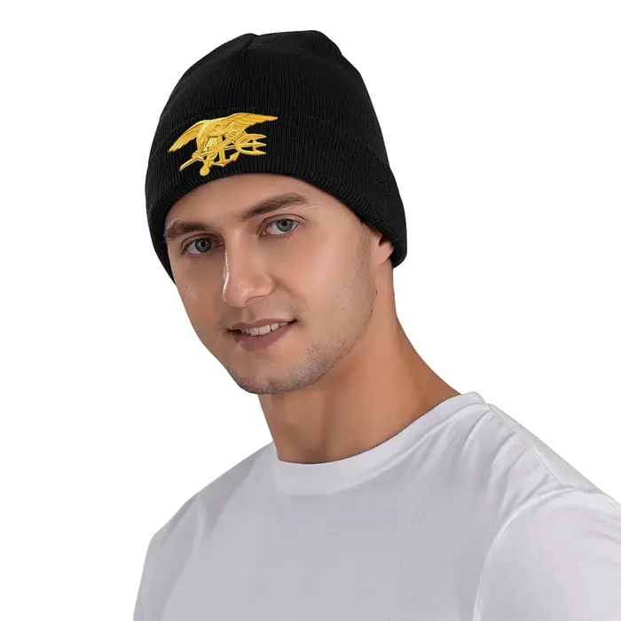 Casquette tricotée chaude en acrylique avec badge de sceaux de la marine pour homme et femme, skullies hip hop pour l'hiver, cadeau pour Noël