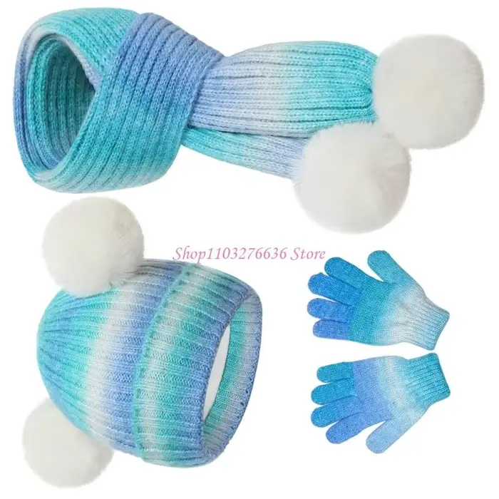 Ensemble chapeau tricoté à pompons, écharpe et gants pour nourrissons 3 à 10 ans - Unisexe - Coton - Blanc, Bleu, Rose, Vert Armée, Noir, Vert - Pour toutes les saisons