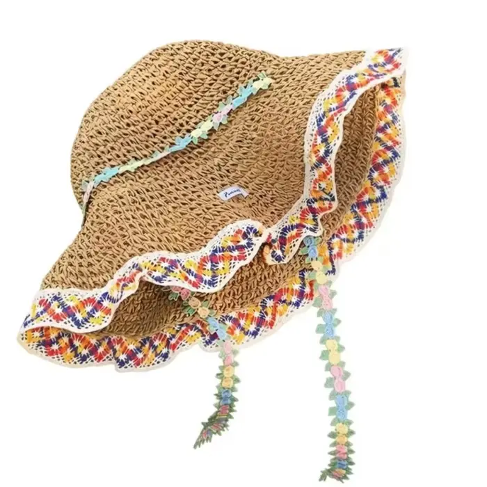 Chapeau de paille élégant pour femme, respirant, avec bord en dentelle INS, large bord orné de fleur