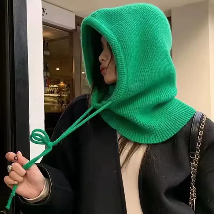Casquettes à capuche tricotées hiver cagoule chapeaux femmes en plein air plus chaud cordon