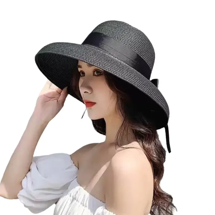 Chapeau de paille vintage français noir à ruban pour femme