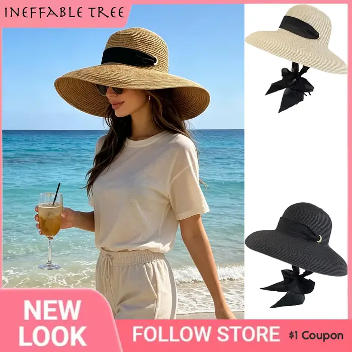 Chapeaux de paille élégants à long ruban pour femme