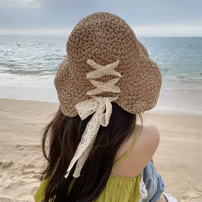 Chapeaux de paille évidés avec nœud en dentelle pour femmes