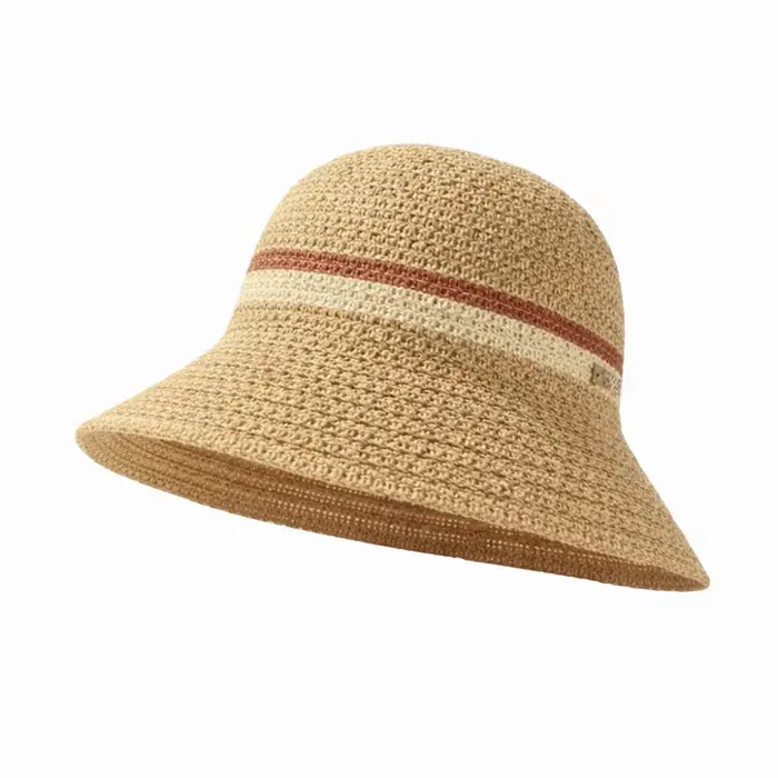 Chapeau Bob Tendance à Bord Plat et Large, Respirant, en Paille Creuse, Protection UV, Rayures Contr