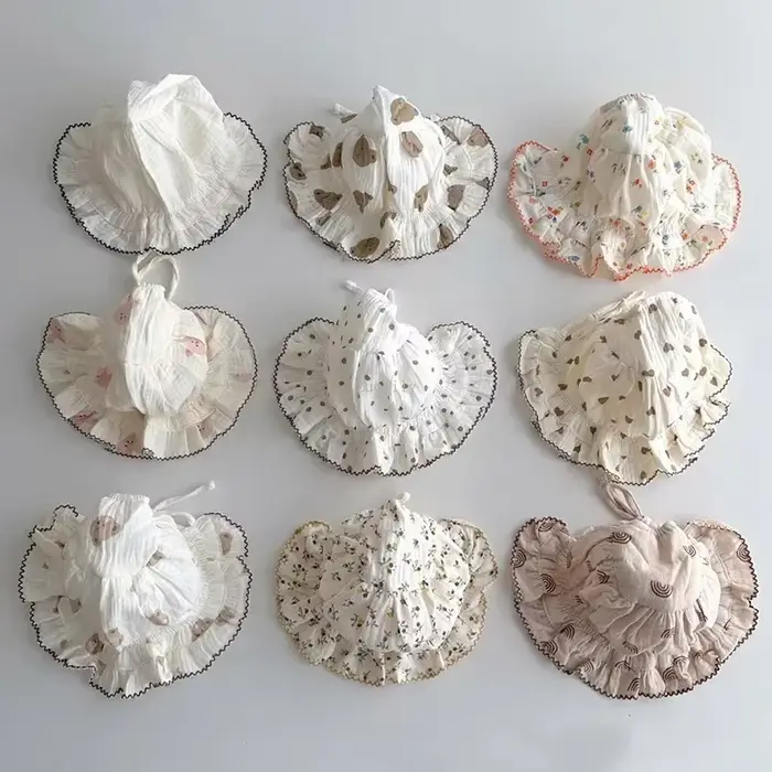 Chapeau en dentelle coton pour nouveau-né mignon, bébé fille, protection auditive, gaze, dessin animé, casquette réglable pour bébés 0-12 mois occasions spéciales