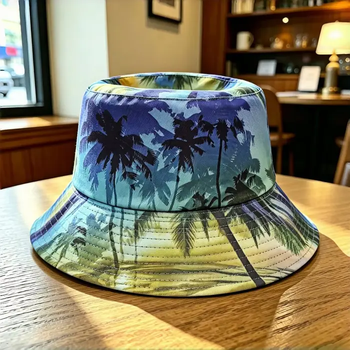Chapeau de pêche à large bord avec protection solaire, motif palmier et coucher de soleil tropical H