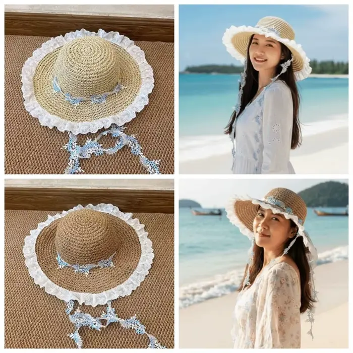 Chapeau de plage respirant pour les vacances avec guirlande et dentelle