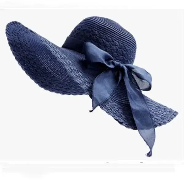 Chapeaux de paille de style coréen pour femmes, couvre-chef d'été à grand nœud solide, à large bord,