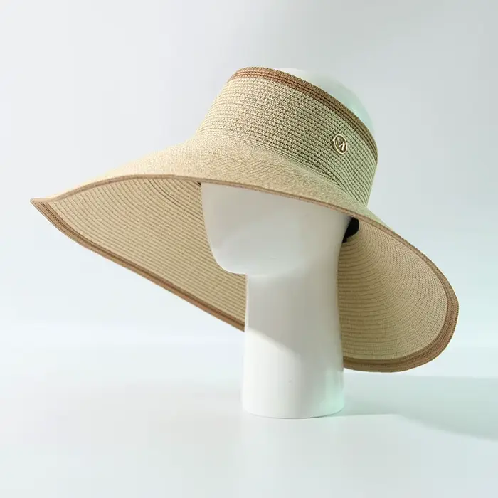 Chapeau de paille à large bord style européen et américain pour femme, chapeau de soleil à dessus ou