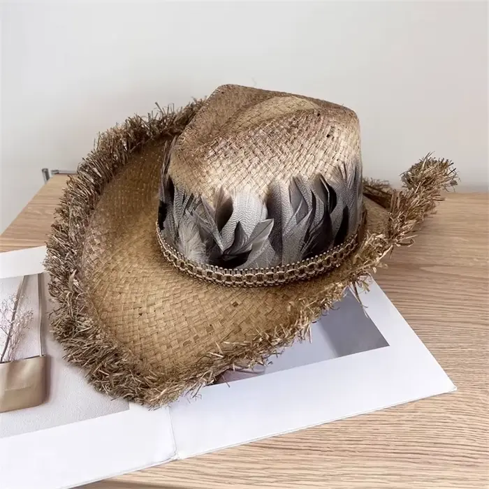 202601-2F040A ins chic été western cowboy raphia herbe cowboy vacances plume fedoras chapeau extérie