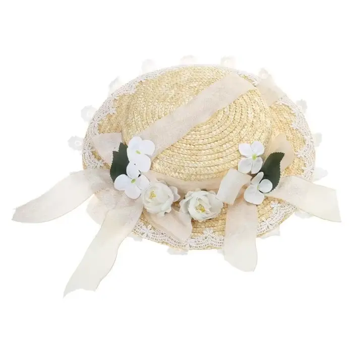 39BD – Bonnet plat léger en paille à fleurs pour filles