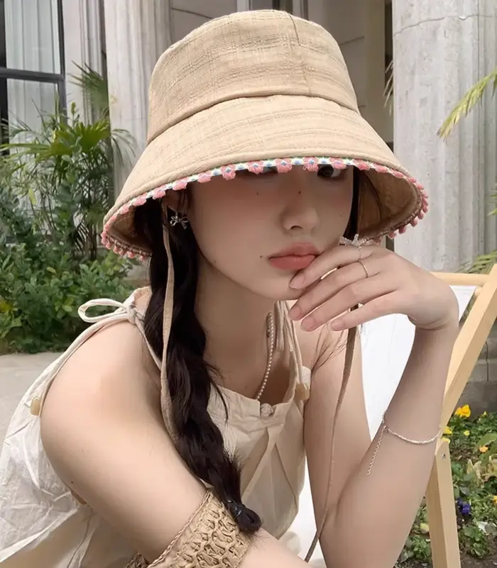 Chapeau de pêcheur à lacets en dentelle florale pour femme, chapeau de soleil texturé plissé en coto