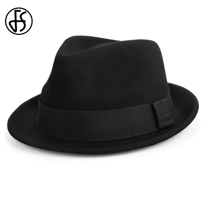 FS Vintage noir chapeaux hommes unisexe église Jazz chapeau messieurs laine feutre Fedoras ruban Trilby Panama Gangsters casquette hiver