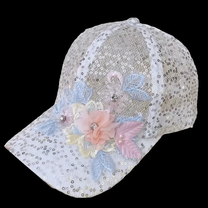Casquette de baseball en maille à paillettes scintillantes, broderie florale 3D, style vintage léger