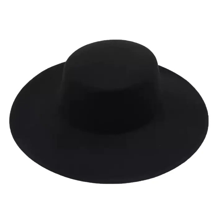 Chapeau en feutre noir pour femmes, chapeau de Jazz à dessus plat, casquette Vintage à large bord, S