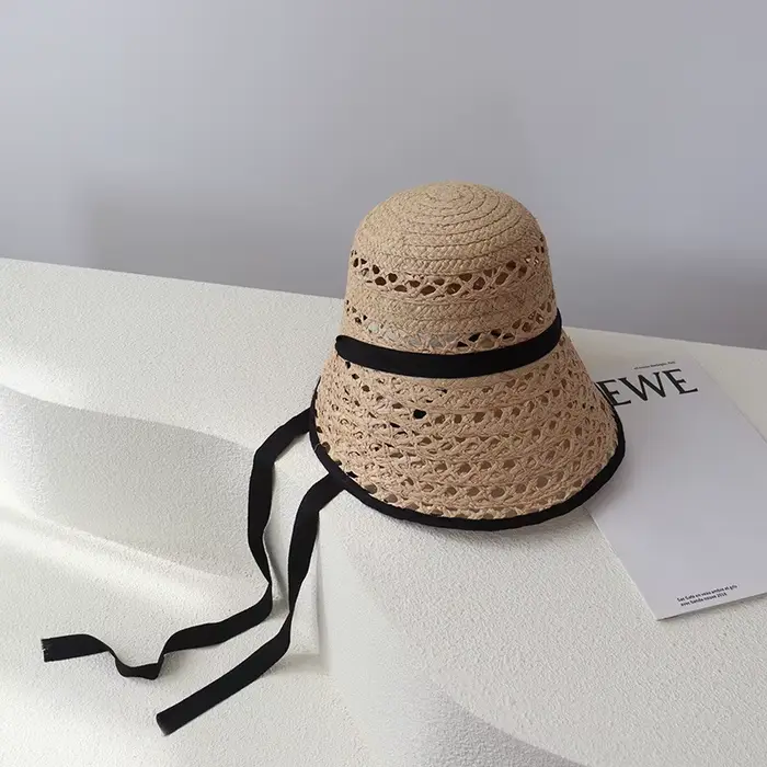 Chapeaux de soleil en raphia véritable français à lacets pour femmes, à large bord, ouverture arrièr
