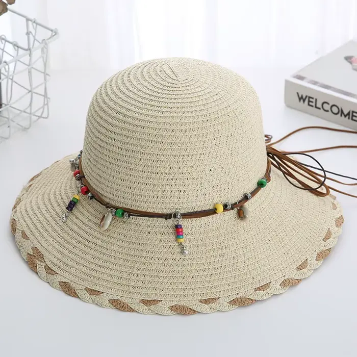 Chapeau de paille bohème style western avec lanière perlée, large bord pliable, idéal printemps-été,