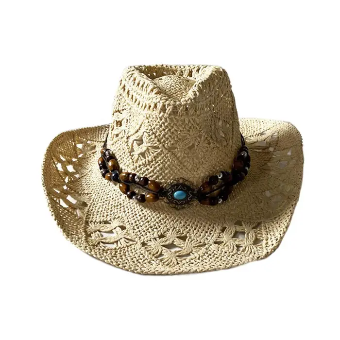 Chapeau de paille bohème Vintage pour femmes et hommes, chapeaux de Cowboy occidentaux, perles en bo