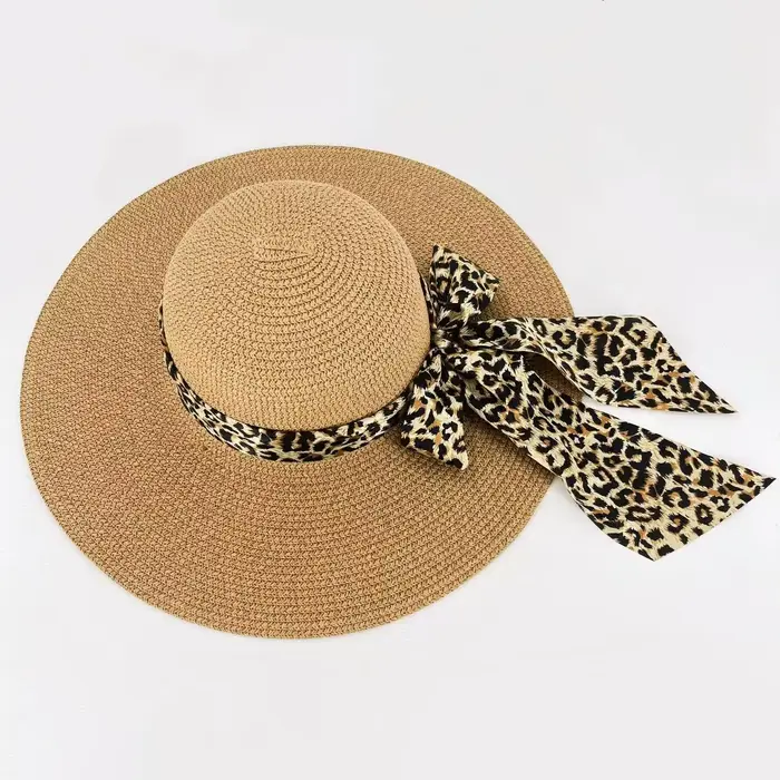 Chapeau de paille à imprimé léopard pour femme, chapeau de soleil à large bord avec nœud pour la pla