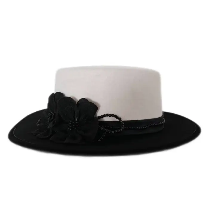 Chapeau Fedora en feutre de laine à dessus plat noir/blanc pour femmes