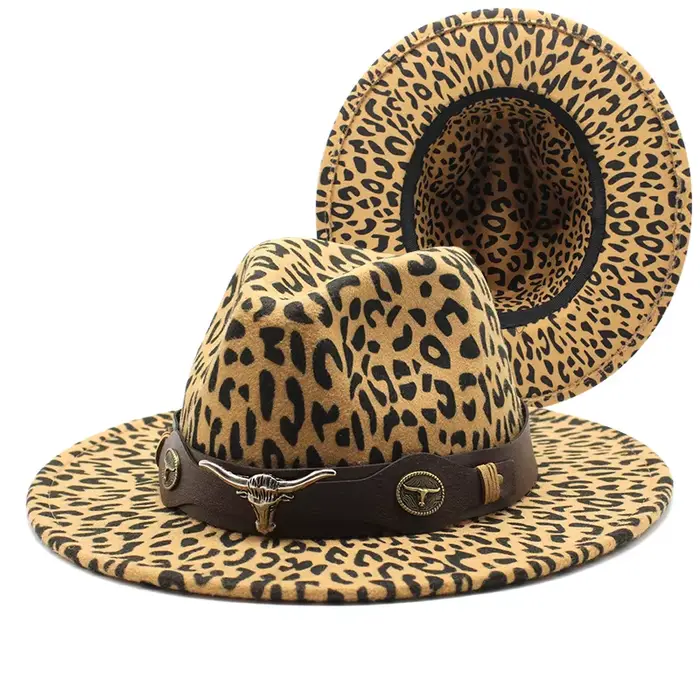 Chapeau Fedora léopard pour femmes, chapeau de route ouvert, à la mode, à large bord, en feutre, Pan
