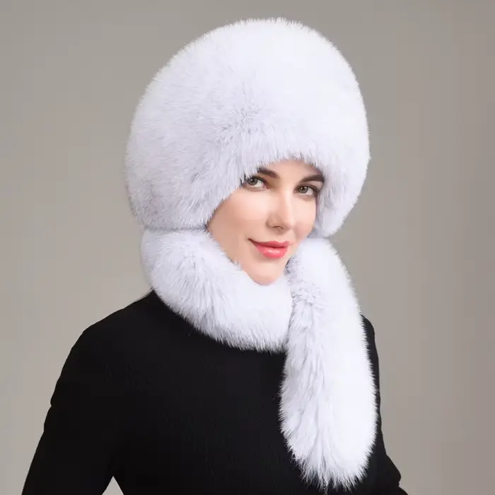 Chapeau en vraie fourrure de renard avec fourrure de lapin, chapeaux d'hiver pour filles avec pompon