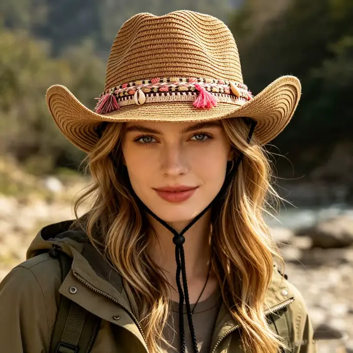 Chapeau de paille de cowboy à pompons pour la randonnée en plein air